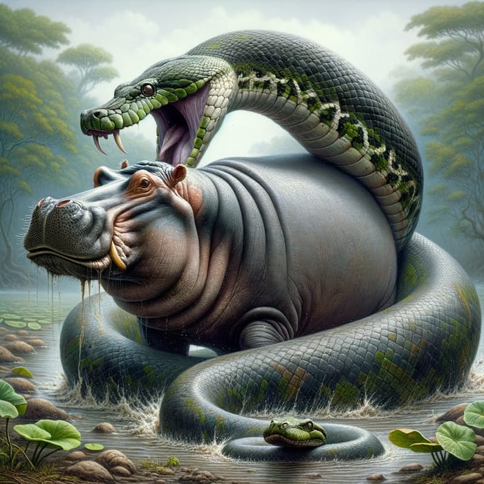 Anaconda Wrapped Around a Hippopotamus in Jungle