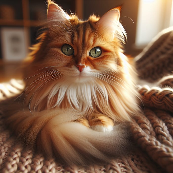 Charming Fluffy Cat Sitting on Warm Knit Blanket