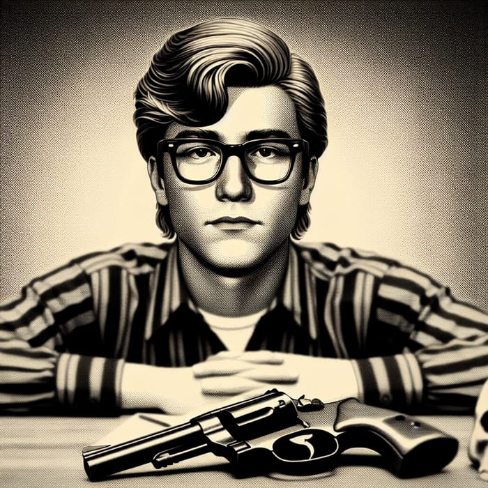 Vintage Style Portrait: Young Man in Striped Shirt with Mullet Hair and Revolver
