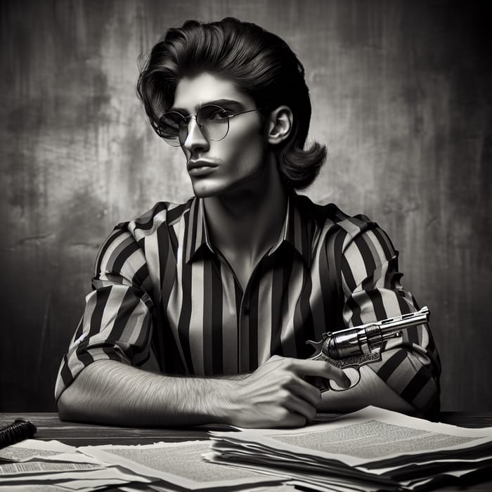 20-Year-Old Man with Mullet Hair, Striped Shirt, and Revolver at Desk in Black and White
