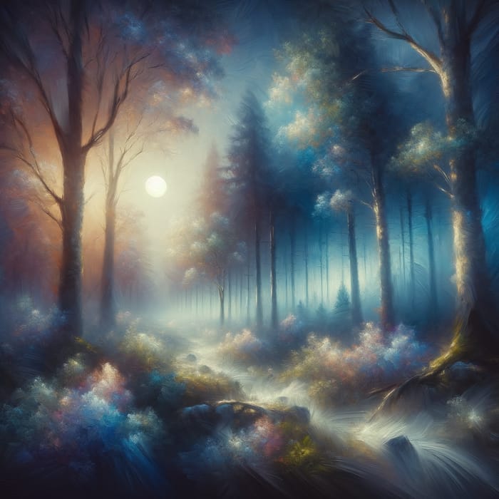 Moonlit Mystical Forest: Impressionist Scene with Ethereal Colors