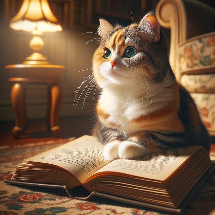 Curious Cat Immersed in Reading