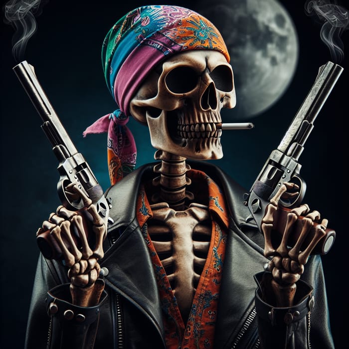Badass Skeleton: Do-Rag, Jacket, and Smoking Guns