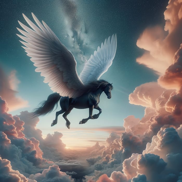 Majestic Black Horse Flying Through Clouds