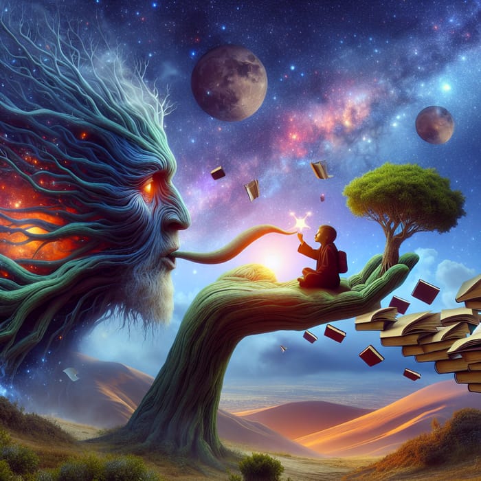 Surrealism Mentorship: Elder Tree Sharing Wisdom with Young Sprout
