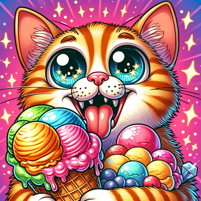 Playful Cat Eating Ice Cream