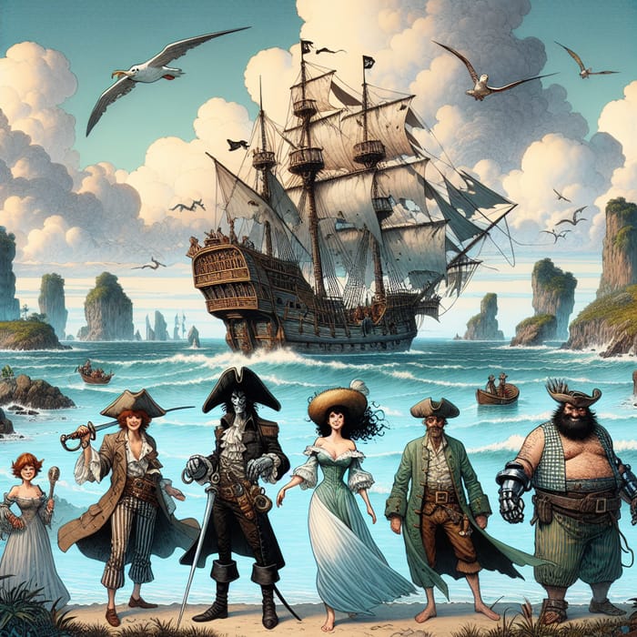 One Piece Adventure: Illustrated Pirate Scene with Eccentric Crew