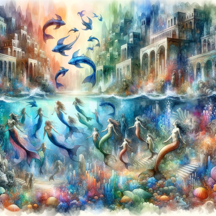 Colorful Underwater Cityscape with Whimsical Mermaids and Marine Life