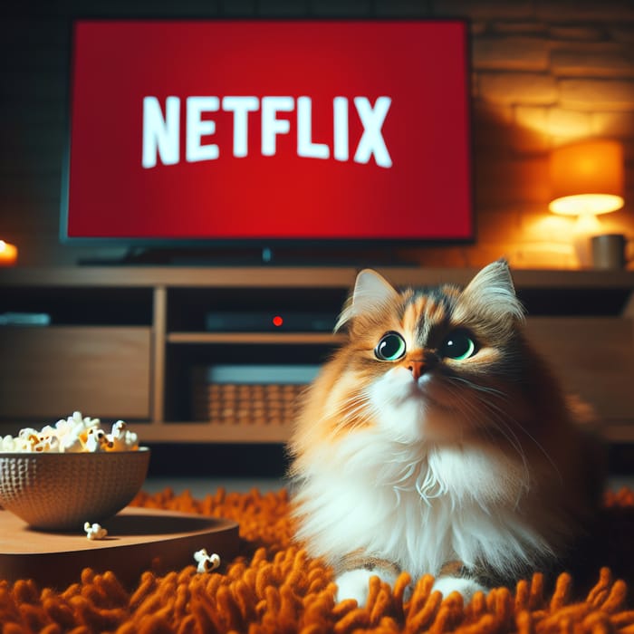 Playful Cat Entranced by Netflix on Cozy Carpet