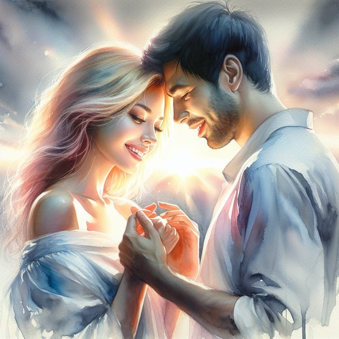 Delicate Watercolor Art of Joyous Multicultural Couple Embracing