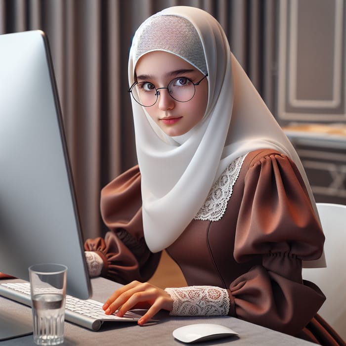 Kazakh Girl in White Hijab Working at Computer | Islamic Attire