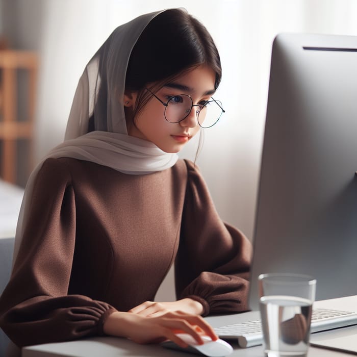 Kazakh Girl with Glasses at Computer Desk - Focus and Intelligence