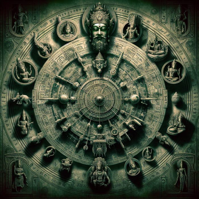 Ancient Hindu Astrology Image with Divine Deities in Bottle Green