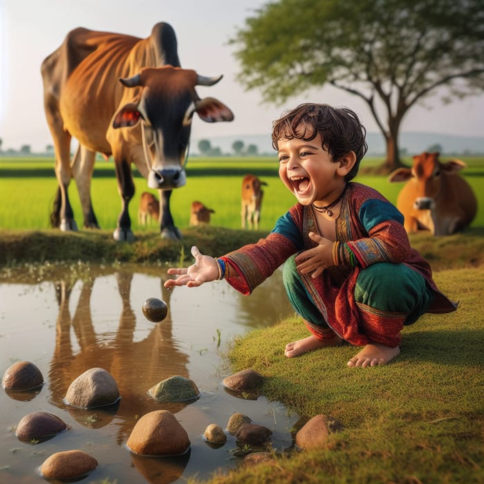 4 Year Old Boy Playing by Pond with Curious Cow