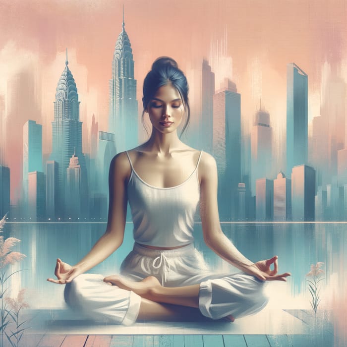 Tranquil South Asian Woman Lotus Pose with Cityscape View | Yoga Art
