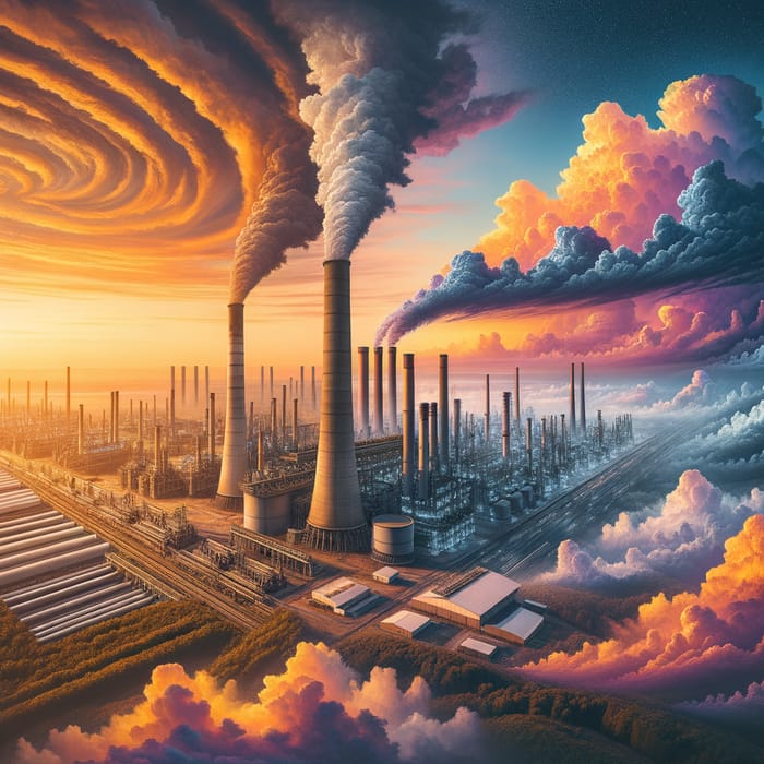 Realistic Industrial Landscape at Sunset | Factory Chimneys & Cooling Tower
