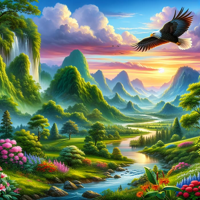 Tranquil Natural Landscape with Soaring Eagle - Stunning Beauty