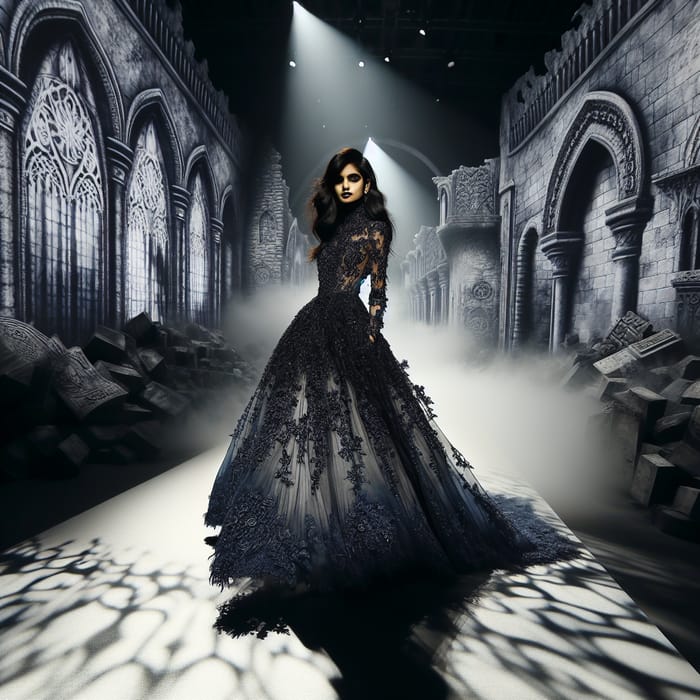 Haunting Gothic Romance Fashion Model in Abandoned Castle