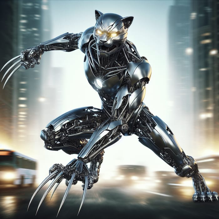 Iron Cat Avenger: Fierce Battle Stance in Cityscape
