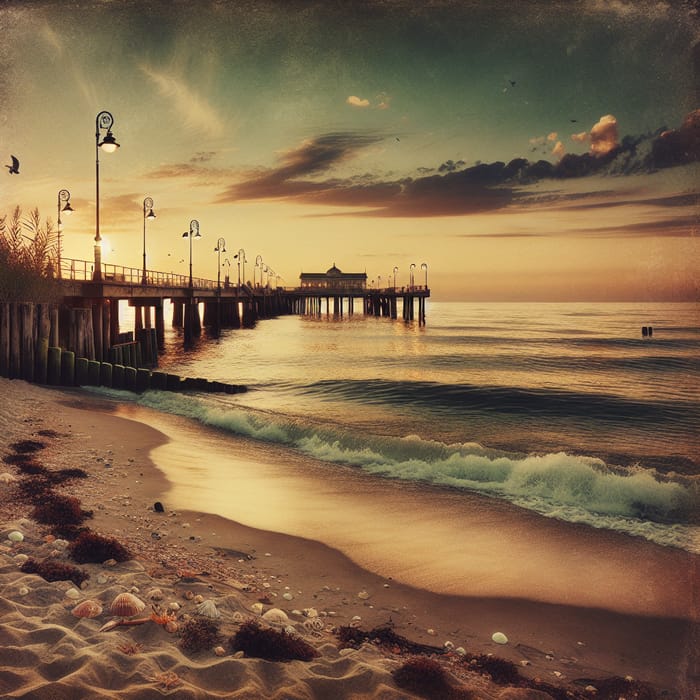 Vintage Seascape Sunset with Pier and Calm Sea