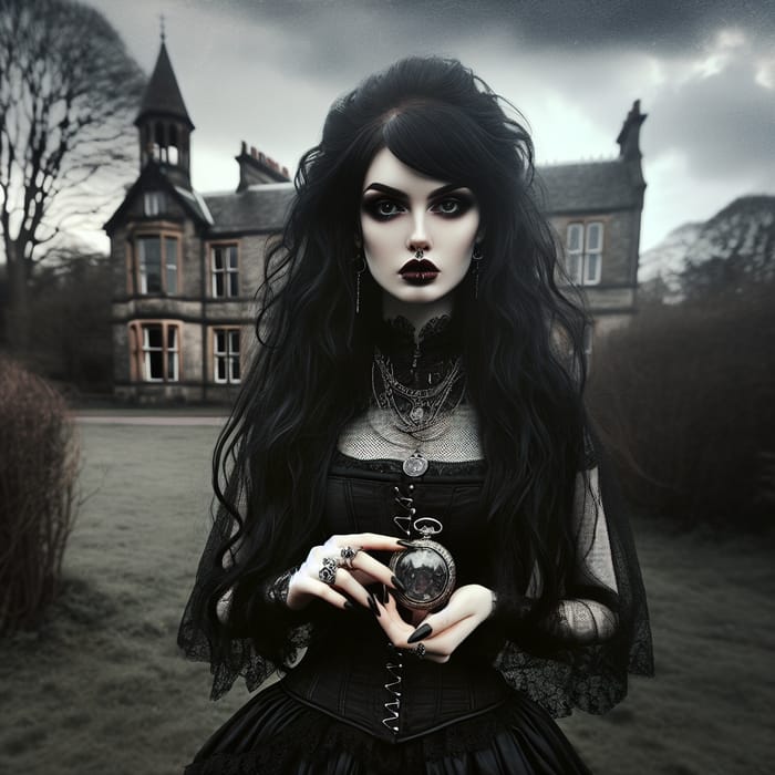 Gothic Young Woman in Black Corseted Dress