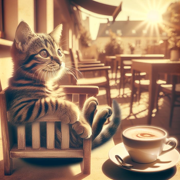Playful Tabby Cat Enjoying Coffee | Whimsical Sunny Terrace