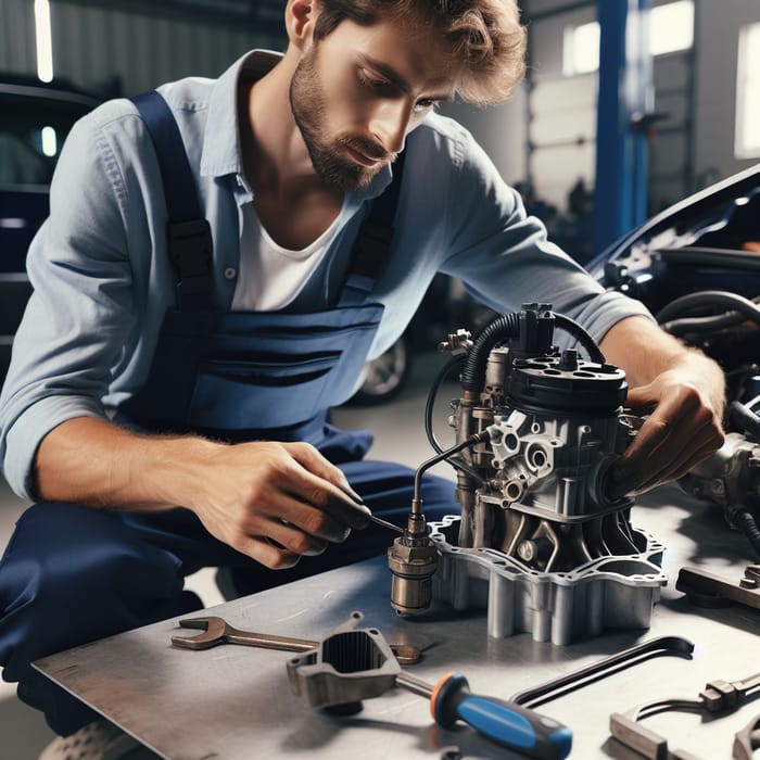 Male Mechanic Replacing Fuel Pump in Vehicle Engine