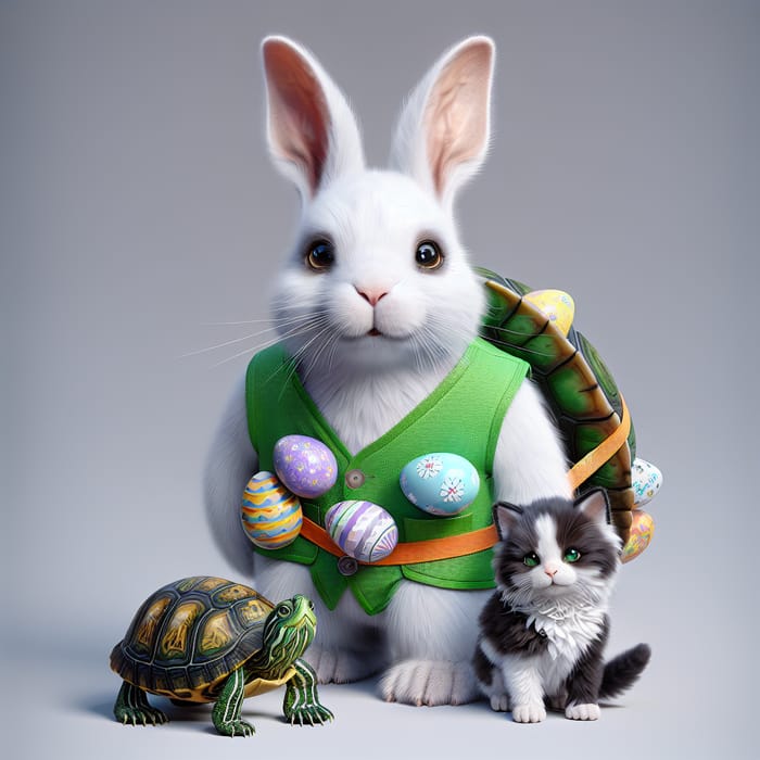Real Easter Bunny, Green Turtle, and Kitten Harmony