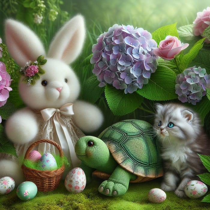 Endearing Easter Bunny, Green Turtle & Kitten Image