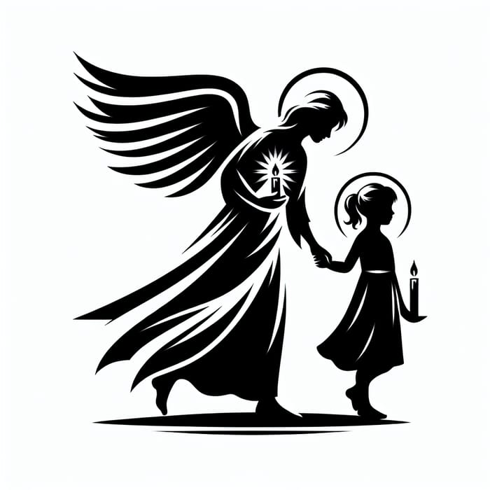 Guardian Angel Teacher Leading Caucasian Girl with Candle in Monochrome