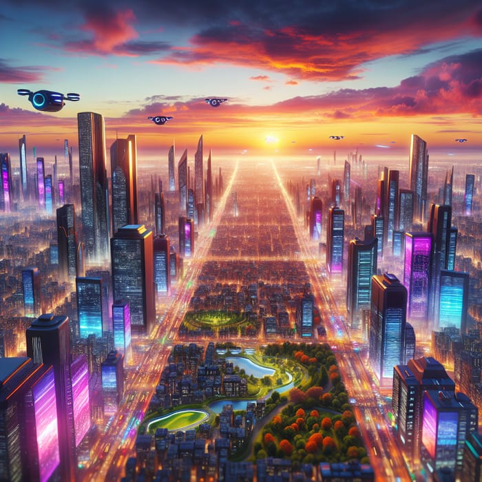 Futuristic Cityscape at Sunset: Vibrant Colors & Aerial Drone Shot