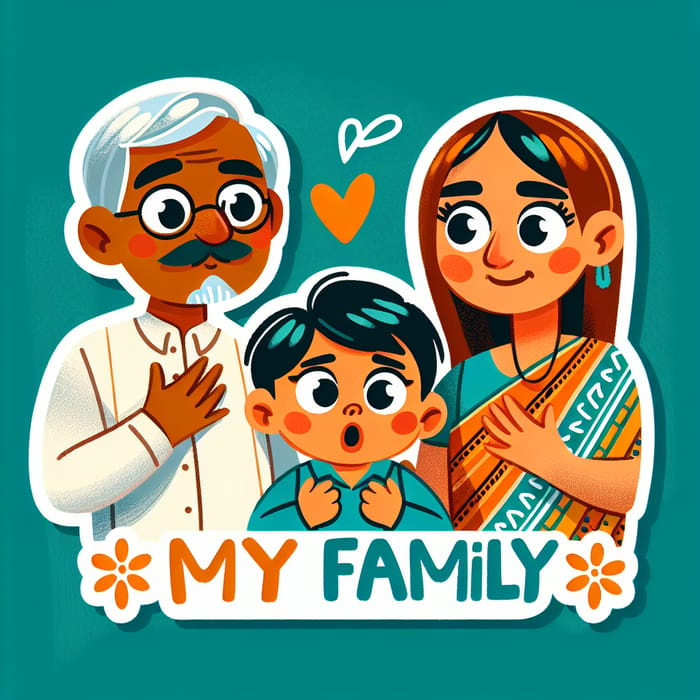 My Family Sticker Design with Hispanic, Caucasian, and South Asian Individuals Surprised in Orange, Blue, and Green