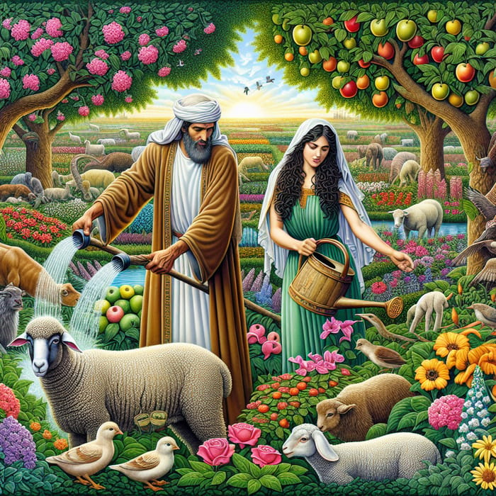 Adam and Eve: Tending Garden, Watering Plants, and Caring for Animals