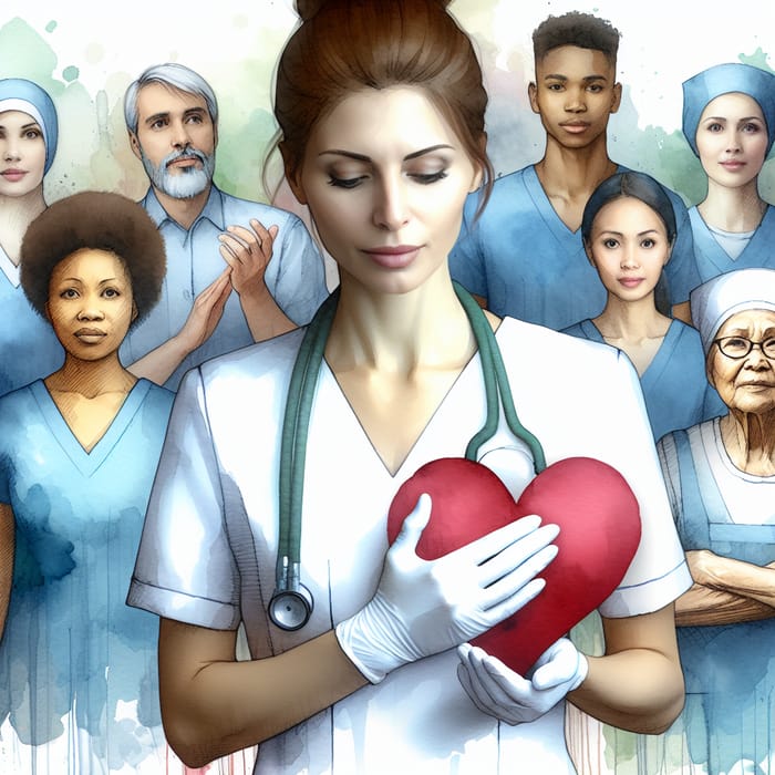 Heart of Gold: Compassionate Nurse Caring for Patients in Watercolor Style