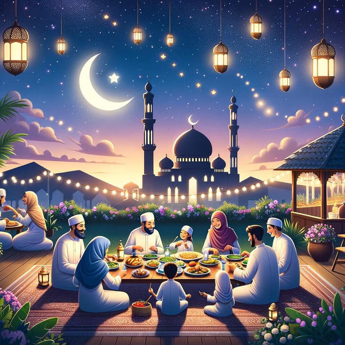 Ramadan Serene Scene: Diverse Families Celebrating Iftar Under the Moonlight