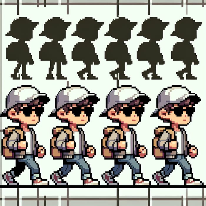 Pixel Art Spritesheet: Teen Guy Walking with Cap, Backpack, and Sunglasses