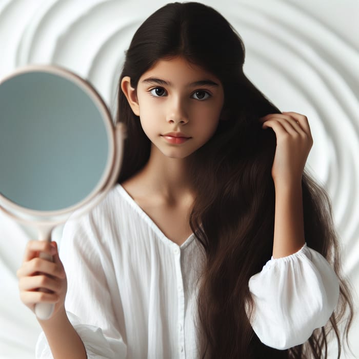 Young Hispanic Girl Combing Hair on White Background