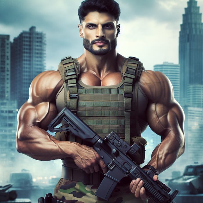 Muscular Modern Mercenary: Strong Warrior in Urban Environments