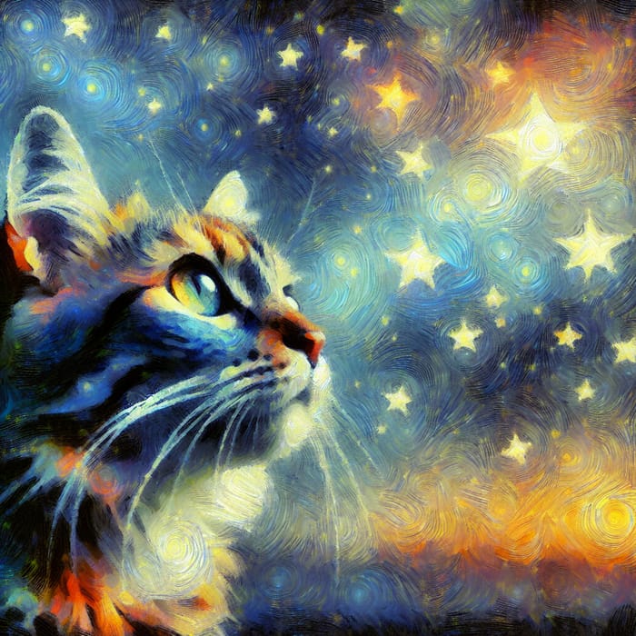 Impressionist Cat Gazing at Colorful Starry Sky
