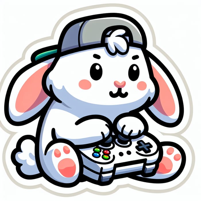 Colorful Cartoon White Rabbit Gaming with Cap and Controller