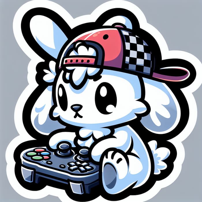 Vivid Cartoon White Rabbit Gaming with Cap | Stylish Die-Cut Sticker