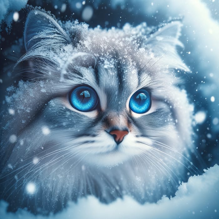 Endearing Feline with Blue Eyes Covered in Snow