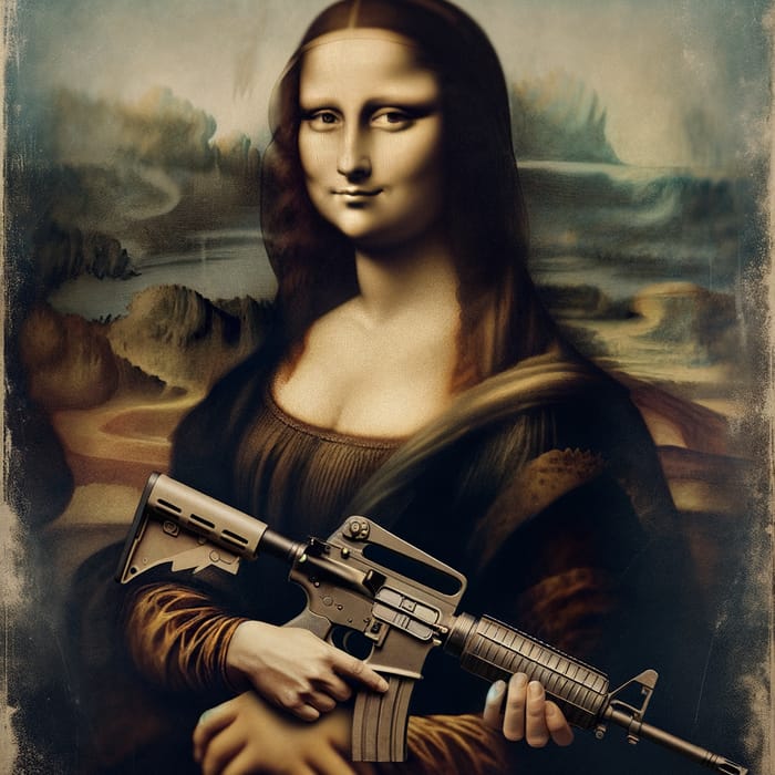 Mona Lisa with M-16 Gun: Modern Twist on Da Vinci's Art