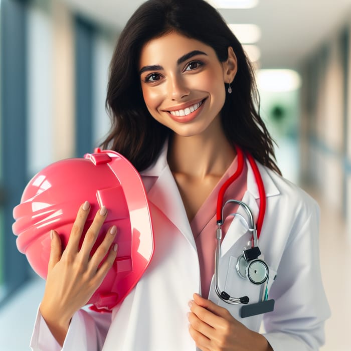 Hispanic Female Doctor in Modern Hospital with Pink Construction Helmet