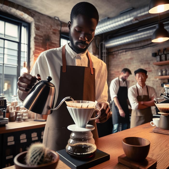 Cozy Urban Cafe Scene: Black Male Barista Brewing Coffee with V60 Dripper