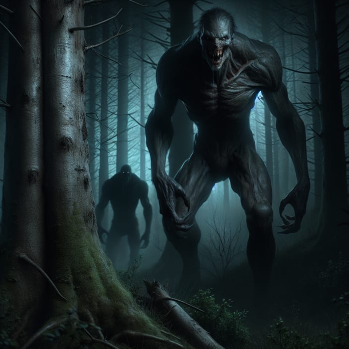 Daunting Encounter: Towering Humanoid Lurking in Ominous Forest