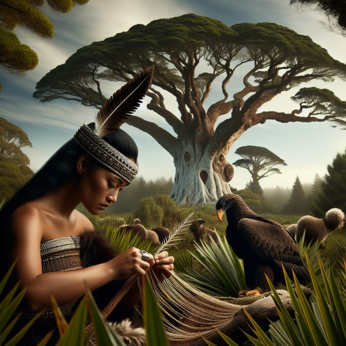 Maori Woman Weaving Kete in Flax Bush Setting