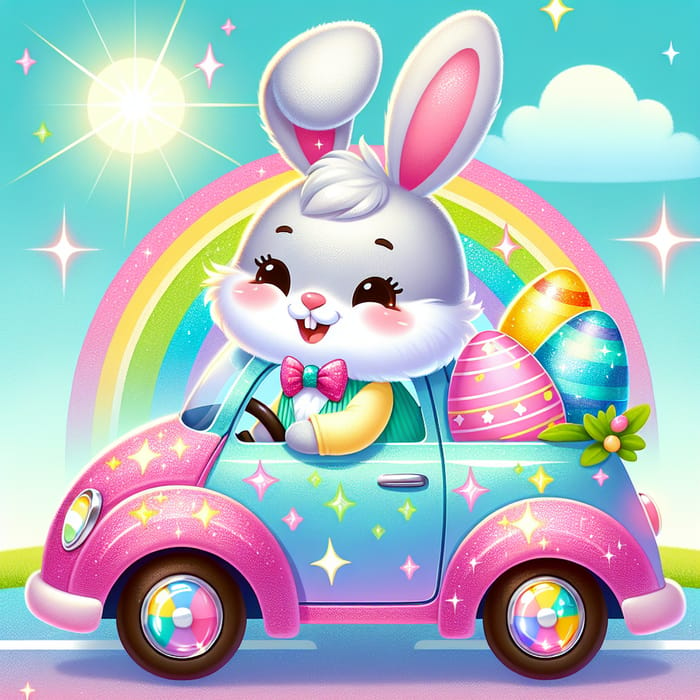 Fluffy Easter Bunny Driving Colorful Car | Whimsical Easter Image