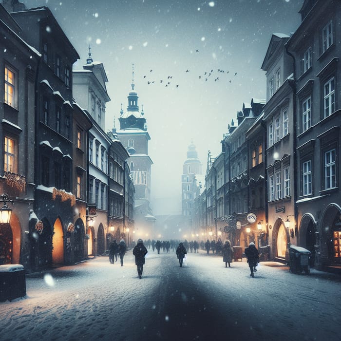 Moody Winter Street Scene in Krakow | Snow-Covered Evening