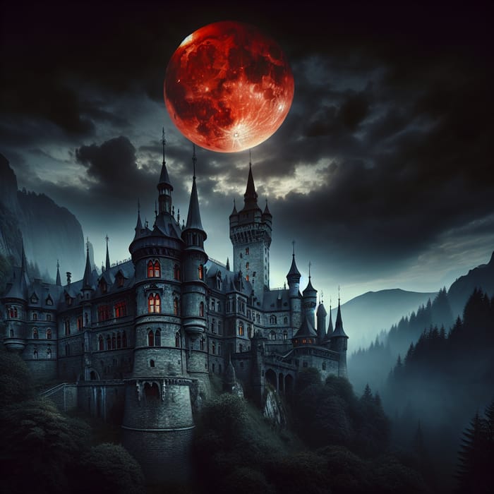 Dark Fantasy Castle and Blood Moon: A Scenic Gothic View